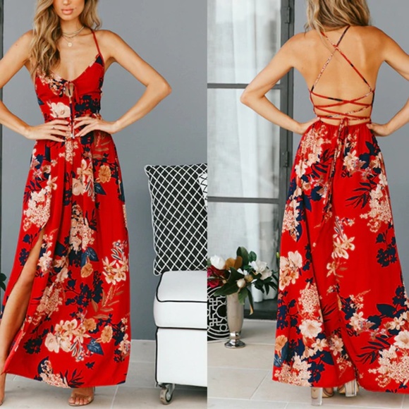 Dresses & Skirts - BRAND NEW Lace Up Pleated Red Floral Maxi Dress
